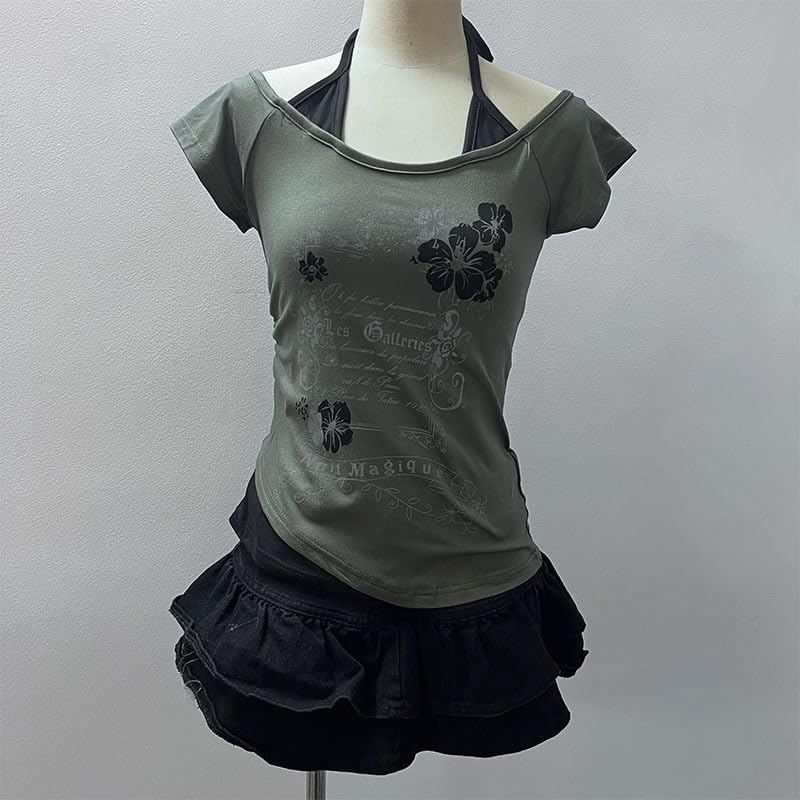 MANGMAO Emo Grunge Shirts Women 2000s Graphic Baby Tee Fake Two Piece Short Sleeve Vintage Y2k Crop Top Goth Alt Clothes (Grey Flower,Large) - Image 2