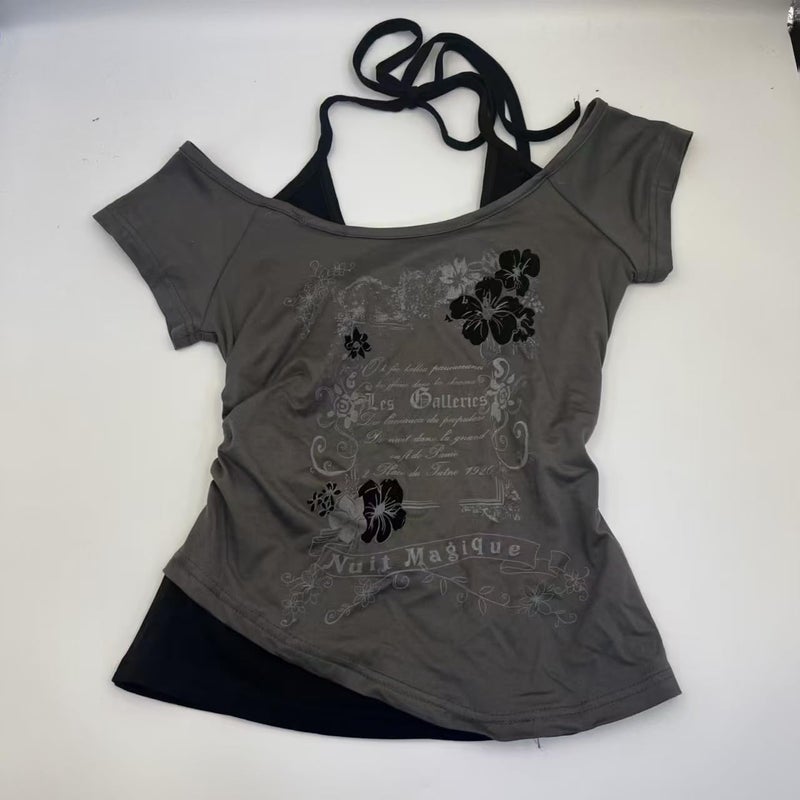 MANGMAO Emo Grunge Shirts Women 2000s Graphic Baby Tee Fake Two Piece Short Sleeve Vintage Y2k Crop Top Goth Alt Clothes (Grey Flower,Large) - Image 4