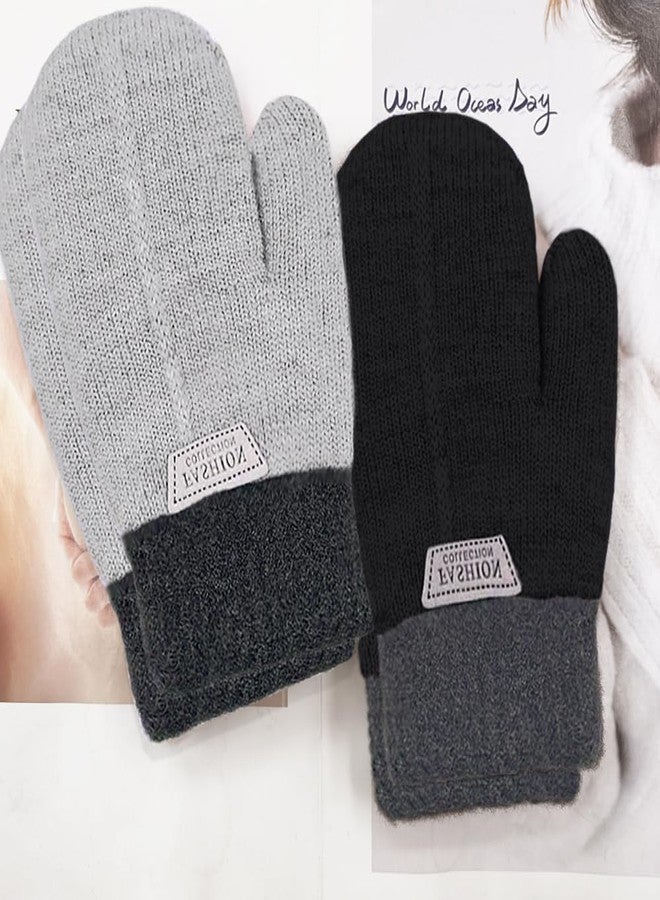 Beurlike 2 Pairs Kids Mittens Fleece Winter Gloves for Boys Girls Children Warm Knitted Snow Gloves for 3-7 Years, Black+grey, 3-7 Years Old - Image 4