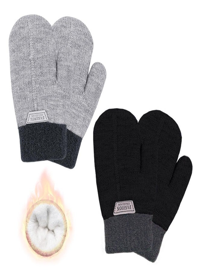 Beurlike 2 Pairs Kids Mittens Fleece Winter Gloves for Boys Girls Children Warm Knitted Snow Gloves for 3-7 Years, Black+grey, 3-7 Years Old - Image 1