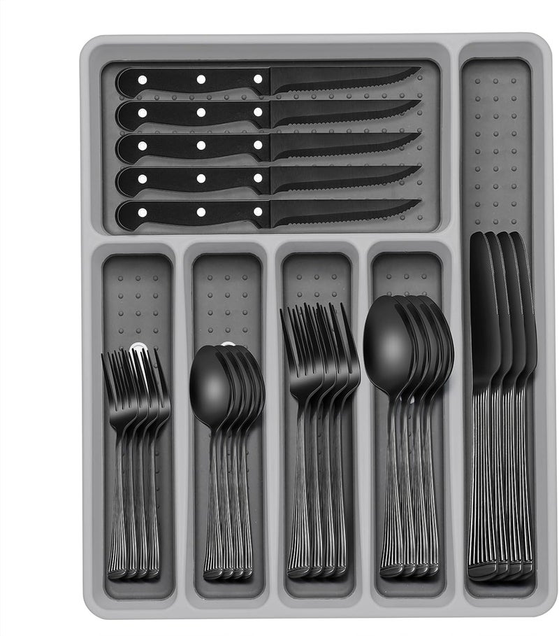 EWFEN 49-Piece Black Silverware Set with Organizer, Stainless Steel Roman Column Black Flatware for 8, Cutlery Utensil Sets with Steak Knives, Rust-proof, Mirror Polished, Dishwasher Safe - Image 1