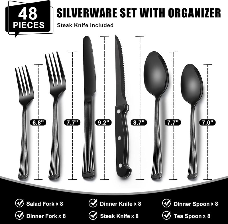 EWFEN 49-Piece Black Silverware Set with Organizer, Stainless Steel Roman Column Black Flatware for 8, Cutlery Utensil Sets with Steak Knives, Rust-proof, Mirror Polished, Dishwasher Safe - Image 2