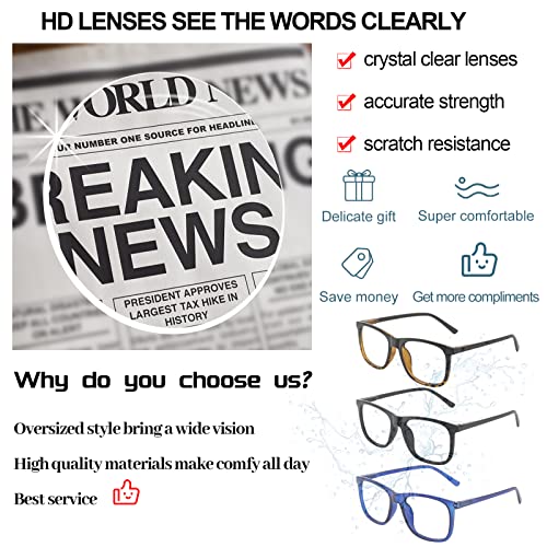 AEZUNI Extra Large Reading Glasses 1.0 Oversized Square Men Readers 1.00 1.25 1.50 1.75 2.00 2.25 2.50 2.75 3.00 3.50 4.00 5.00 6.00 (Black) - Image 3