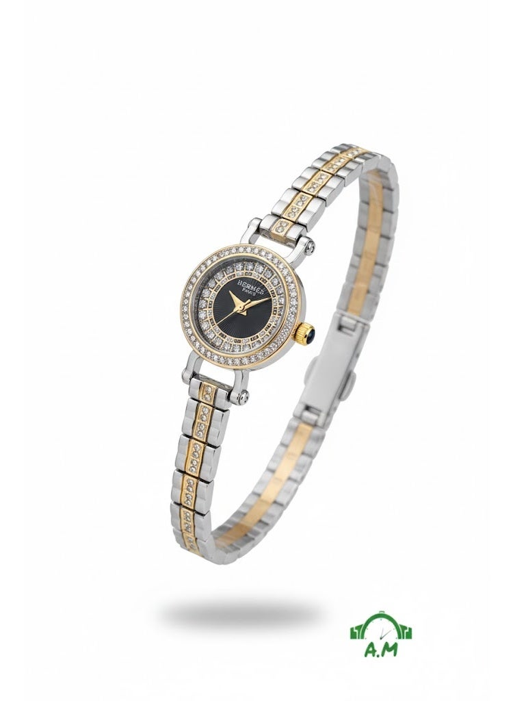 هيرميس ساعة هيرميس باريس النسائية ثنائية اللون من الفولاذ المقاوم للصدأ مع مينا أسود وإطار مرصع بالكريستال