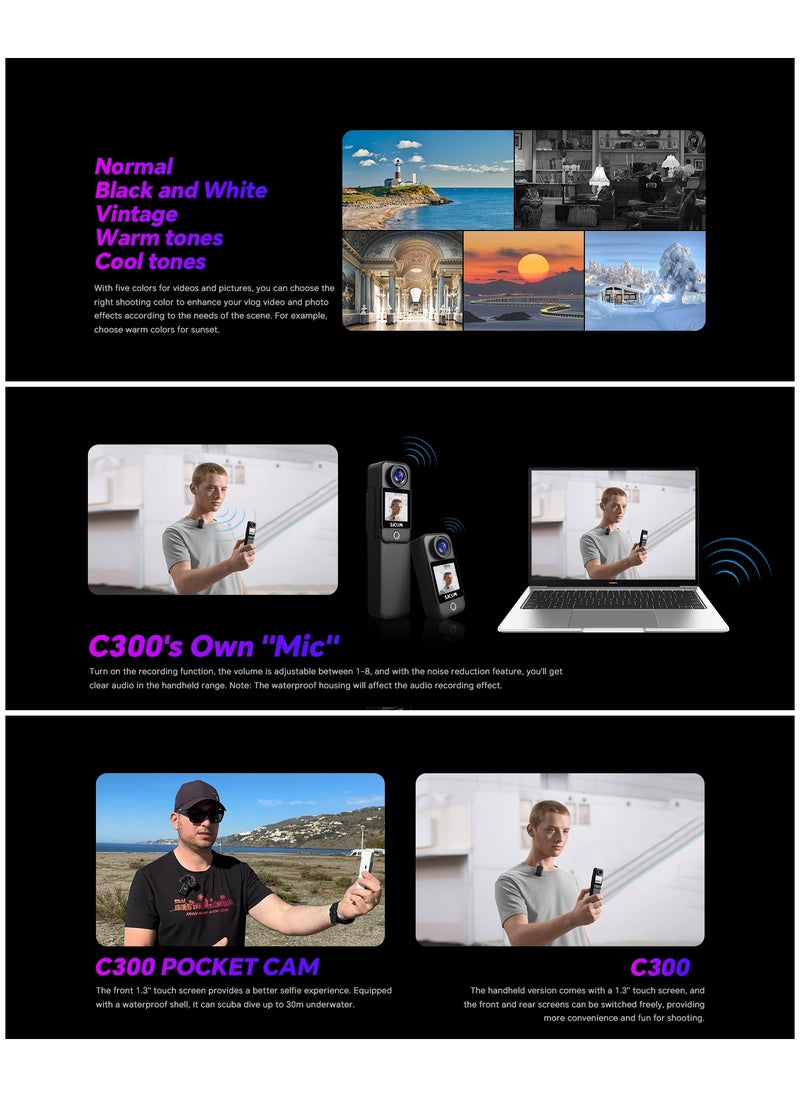 أس جي كام - كاميرا جيب C300 بدقة 4K، بطارية 3800 مللي أمبير/ساعة، مثبت 6 محاور، كاميرا جسم مزدوجة اللمس، مقاومة للماء، مناسبة للتدوين المرئي والبث المباشر، مع طقم تثبيت على الخوذة، لون أسود - Image 1