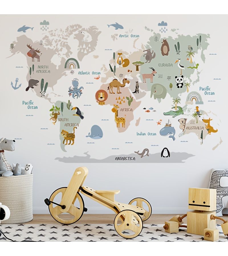 Animal Map Self Adhesive 2D Flat Wall Sticker for Room Decoration - Image 1