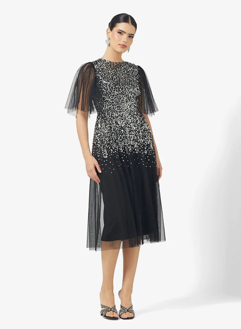 Amelia Rose Flared Sleeve Sequin Tiered Midi Dress