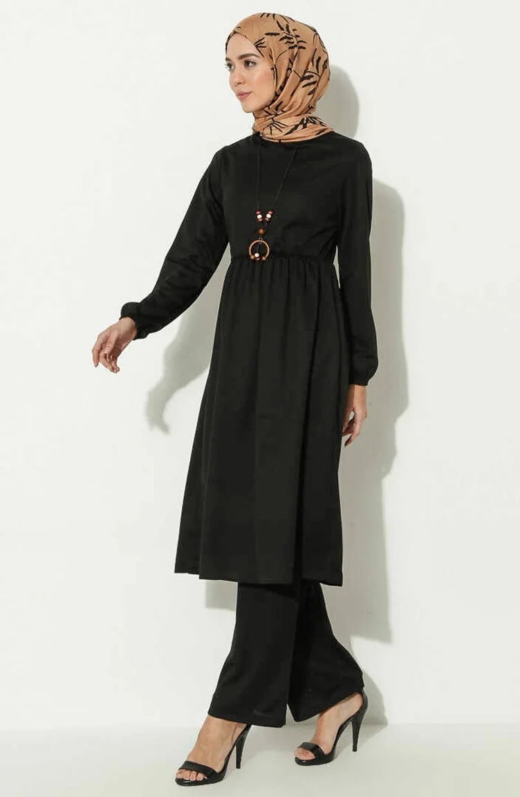 Sefa Merve Necklace Tunic Trousers Two Piece Suit 0583-03 Black