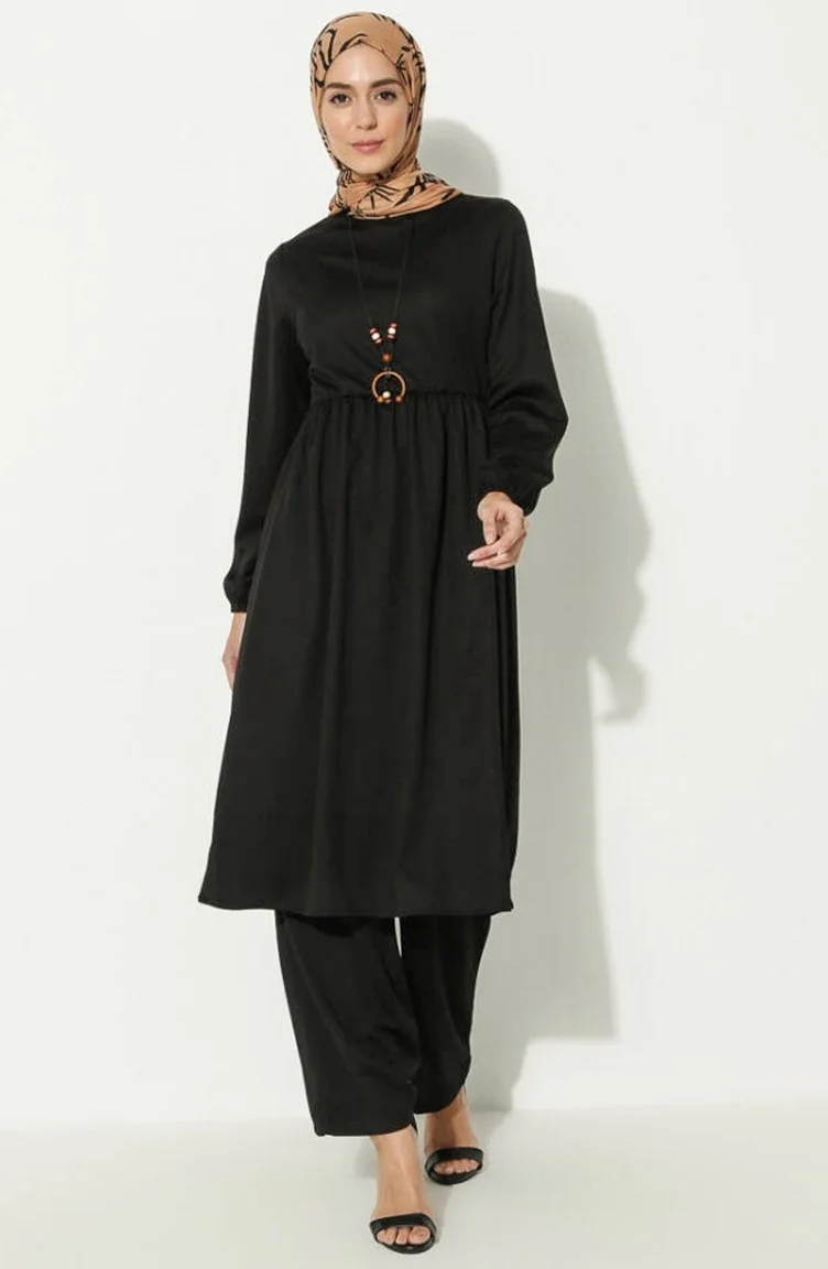Sefa Merve Necklace Tunic Trousers Two Piece Suit 0583-03 Black