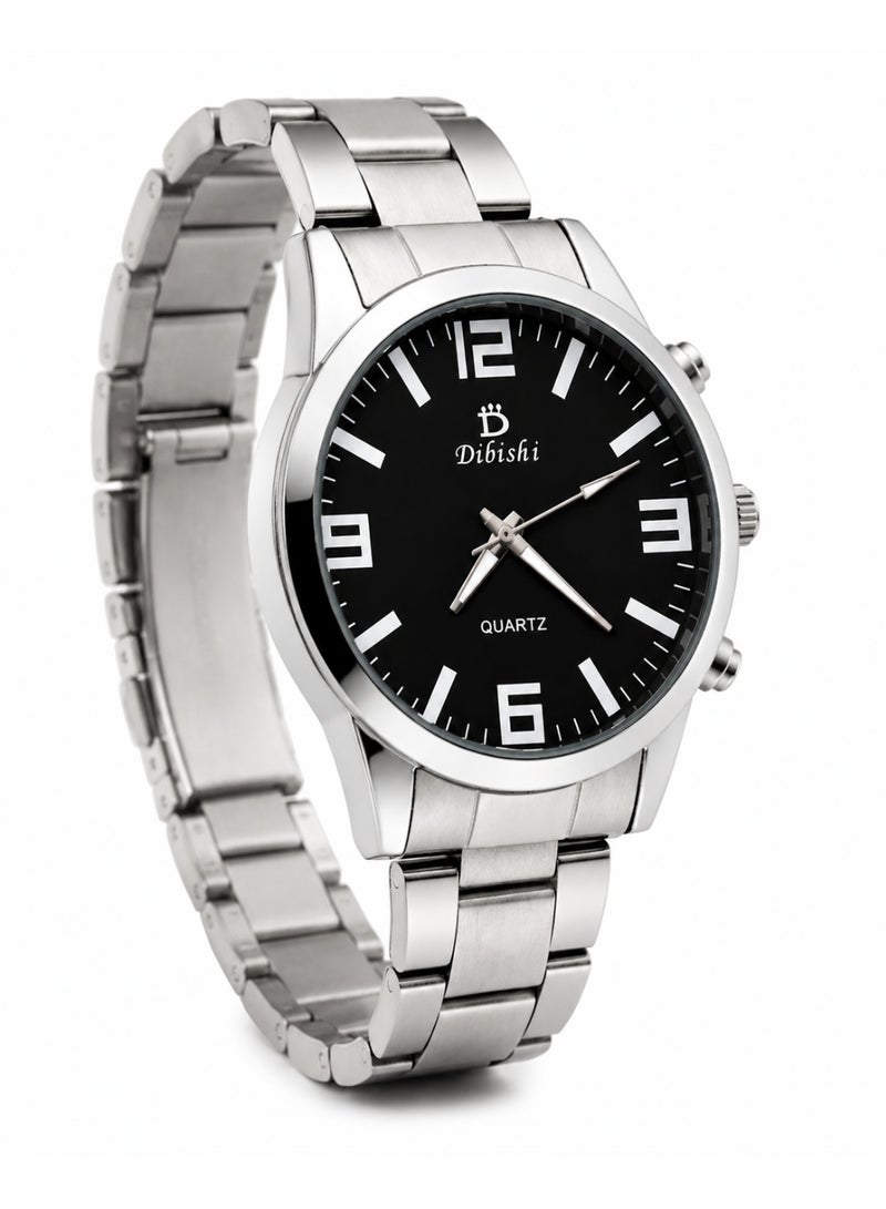 Dibishi Men’s Quartz Wrist Watch – Black Dial, Silver Stainless Steel Band, Analog Casual Fashion Watch for Men - Image 3