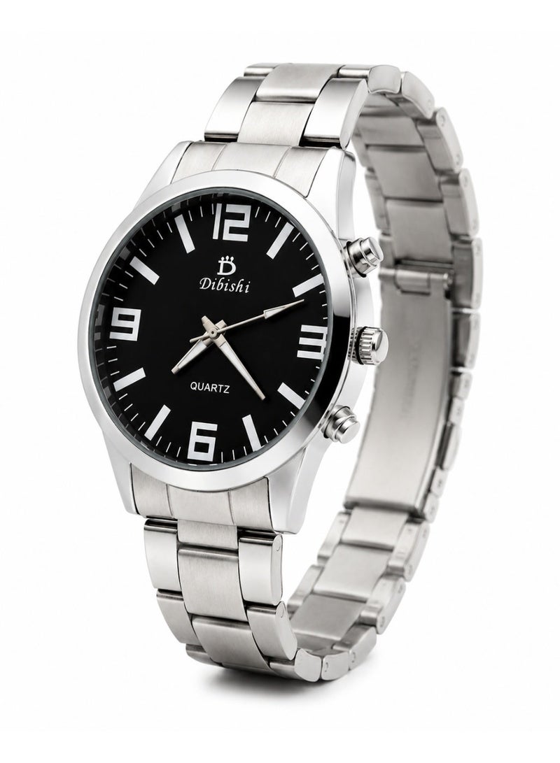 Dibishi Men’s Quartz Wrist Watch – Black Dial, Silver Stainless Steel Band, Analog Casual Fashion Watch for Men - Image 1