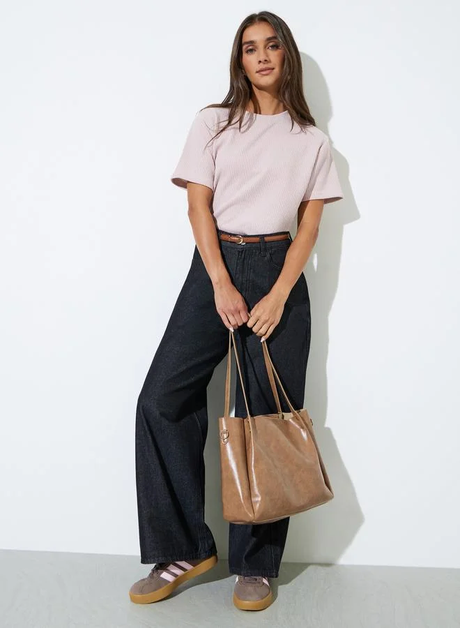ستايلي Pink Flat Knit Round Neck T-Shirt