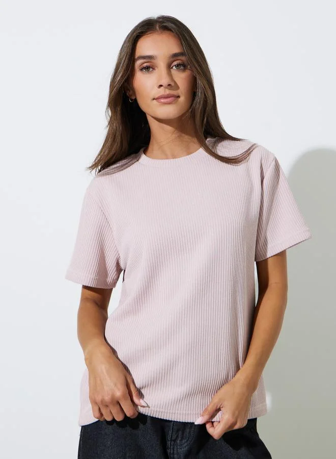 ستايلي Pink Flat Knit Round Neck T-Shirt