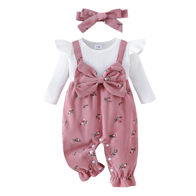 YINGISFITM Newborn Infant Baby Girl Clothes Fall Winter Long Sleeve Bubble Romper Floral Bow One Piece Jumpsuit Cute Outfits (Pink, 0-3 Months) - Image 1