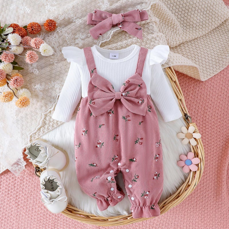 YINGISFITM Newborn Infant Baby Girl Clothes Fall Winter Long Sleeve Bubble Romper Floral Bow One Piece Jumpsuit Cute Outfits (Pink, 0-3 Months) - Image 3