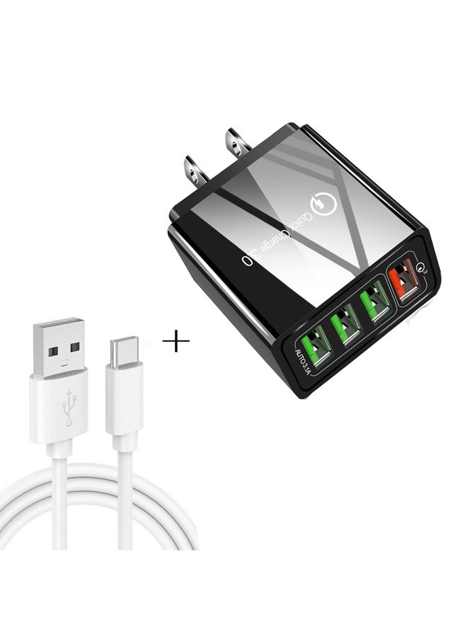 بيوينتي 2 in 1 USB to USB-C / Type-C Data Cable + 30W QC 3.0 4 USB Interfaces Mobile Phone Tablet PC Universal Quick Charger Travel Charger Set, US Plug(Black) - Image 1