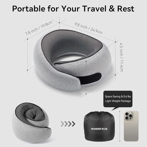 WANDER PLUS® Travel Pillow, 100% Pure Memory Foam Travel Neck Pillow Airplane Neck Support Ergonomic Design Best for Sleeping Plane Car Train Office Flight for Adults Grey - Image 4