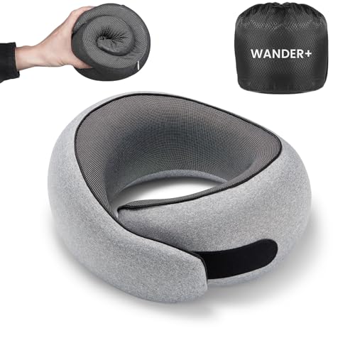 WANDER PLUS® Travel Pillow, 100% Pure Memory Foam Travel Neck Pillow Airplane Neck Support Ergonomic Design Best for Sleeping Plane Car Train Office Flight for Adults Grey - Image 1