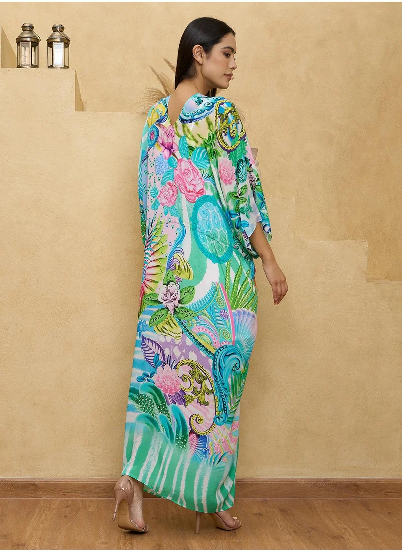 Couturelabs Green Blue Printed Front Rouching Kaftan