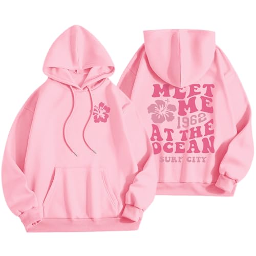 Lubpow Cute Pink Flower Hoodie for Woman Preppy Sweatshirts Trendy Puff Print Letter Graphic Hoodies Casual Pullover Tops(Pink,2XL) - Image 1