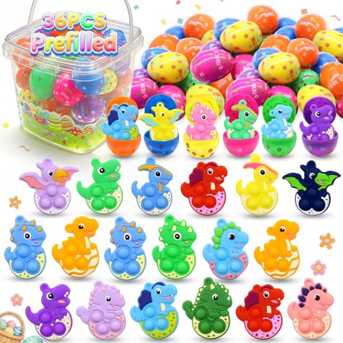 BicMan 36 Pack Prefilled Easter Eggs with Dinosaur Pop Fidget Toys Easter Egg Hunt Basket Stuffers for Kids Easter Classroom Party Favors Prizes - Image 1