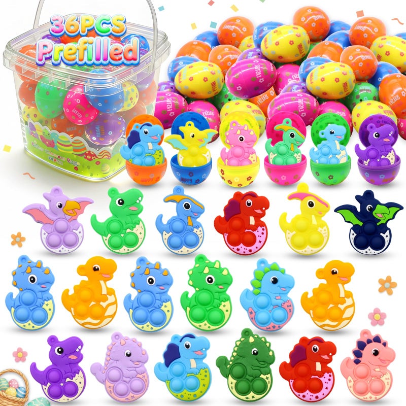 BicMan 36 Pack Prefilled Easter Eggs with Dinosaur Pop Fidget Toys Easter Egg Hunt Basket Stuffers for Kids Easter Classroom Party Favors Prizes - Image 3