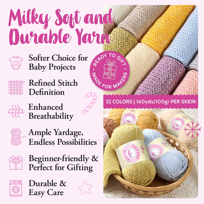 KnitPal Cotton Bliss Soft Cotton Blend Yarn for Crocheting, 4-Pack (640Yds / 400G), Free Patterns, Beginners Friendly - #4 Medium Worsted Weight Yarn for Baby Blanket - Lavender Bliss - Image 2