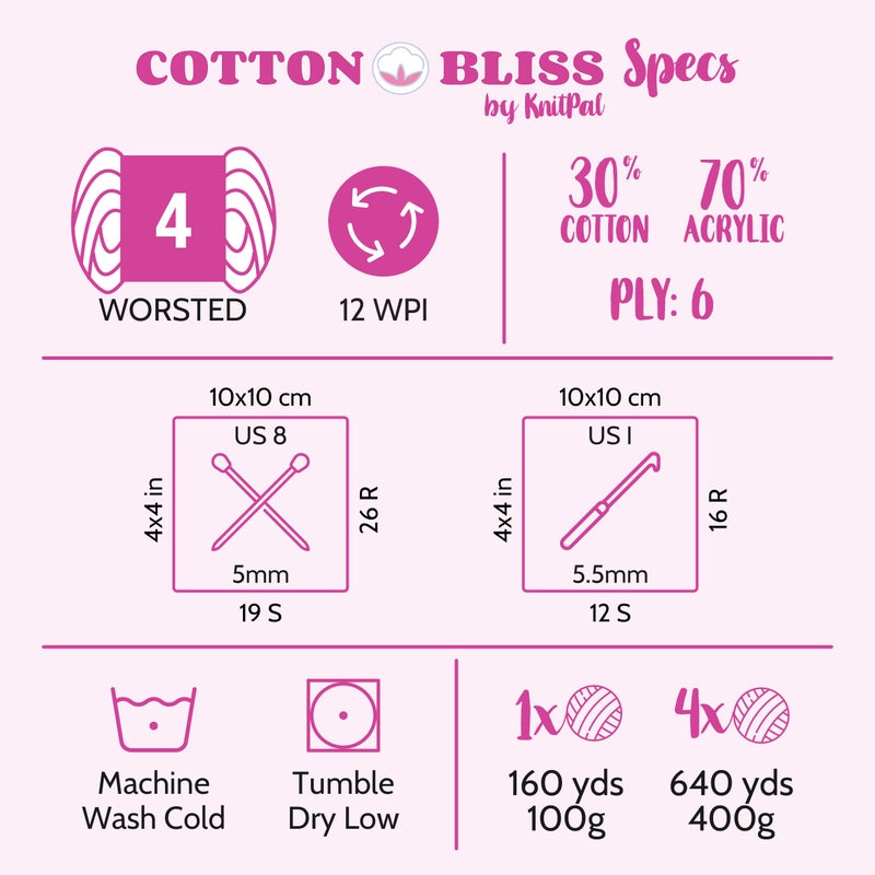 KnitPal Cotton Bliss Soft Cotton Blend Yarn for Crocheting, 4-Pack (640Yds / 400G), Free Patterns, Beginners Friendly - #4 Medium Worsted Weight Yarn for Baby Blanket - Lavender Bliss - Image 4