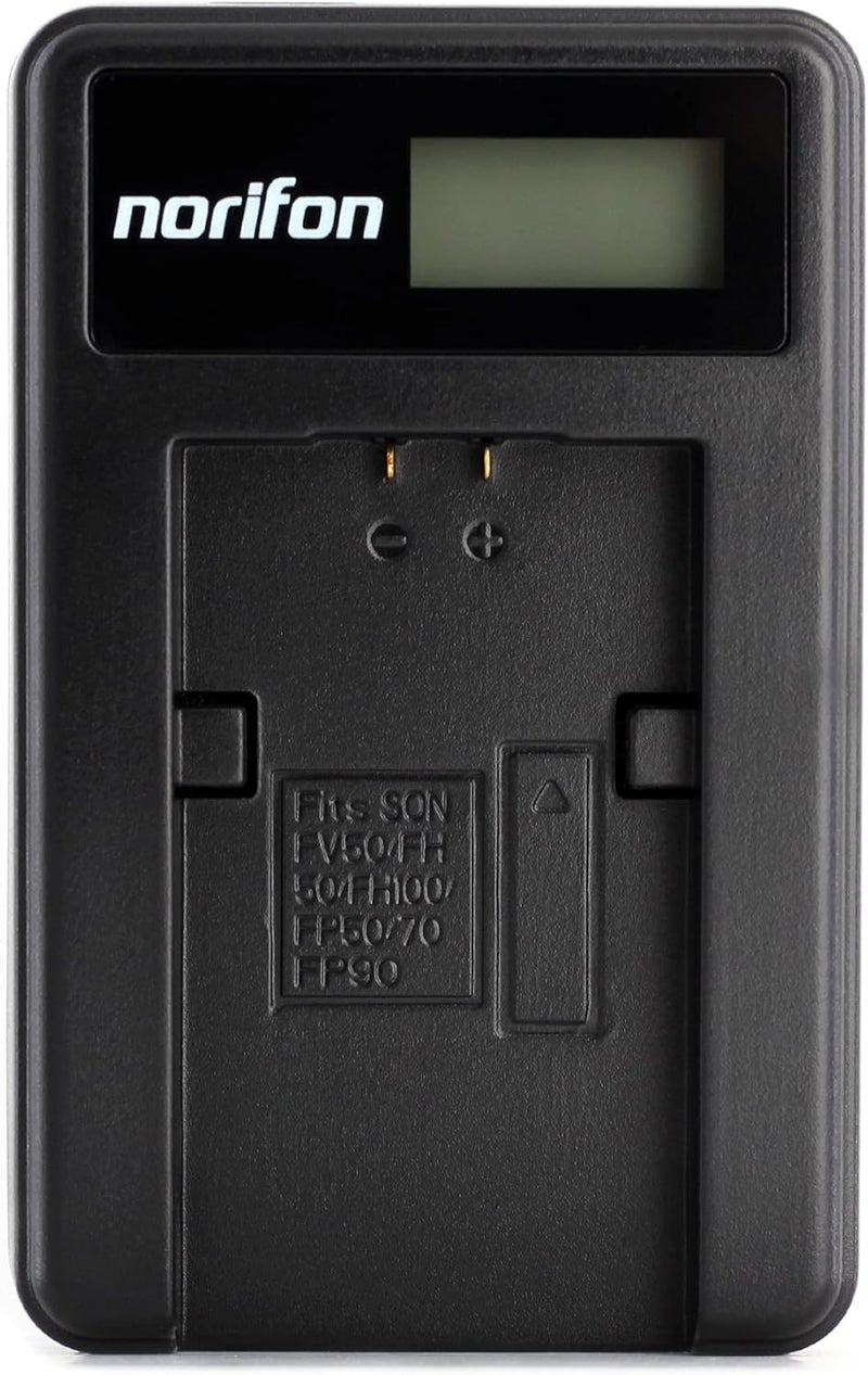 Norifon شاحن USB LCD NP-FH50 لكاميرات سوني DCR-DVD108 DCR-DVD610 DCR-DVD105 DCR-HC21 DCR-HC52 DCR-HC38 DCR-SR45 DCR-SR47 DCR-SX85 DCR-SX45 DCR-SX44 HDR-SR11 HDR-SR12 HDR-XR160 والمزيد - Image 1