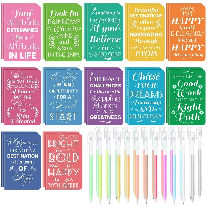 OMEYA 24 Pcs Mini Inspirational Notebooks Bulk with 24 Pcs Colorful Pens, Small Pocket Journal Notepads Set, Motivational Bulk Gifts for Women Men Teacher Student, Fun Mother's Day Gift Bulks, 3.5" x 5.5" - Image 1