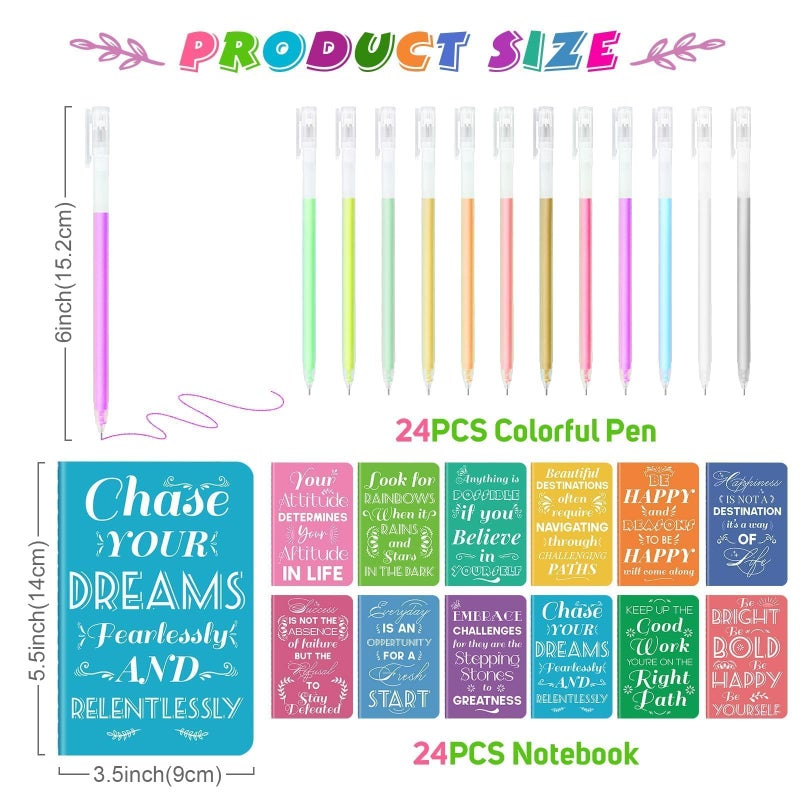 OMEYA 24 Pcs Mini Inspirational Notebooks Bulk with 24 Pcs Colorful Pens, Small Pocket Journal Notepads Set, Motivational Bulk Gifts for Women Men Teacher Student, Fun Mother's Day Gift Bulks, 3.5" x 5.5" - Image 2