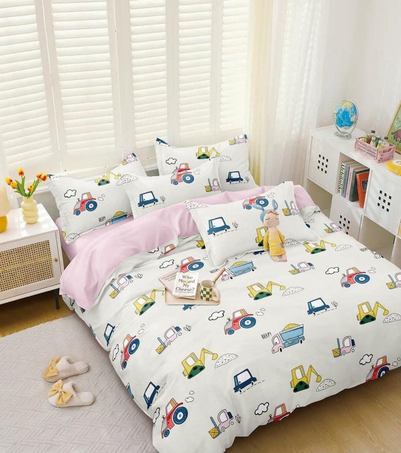 DIVINE OVERSEAS DIVINE OVERSEAS Premium Micro Fabric Kids Bed Sheet Set White Car Design 1 Double Size Bed Sheet 90 x 100 2 Pillow Covers Ultra Soft Durable No Pilling No Shrinking  - Image 1
