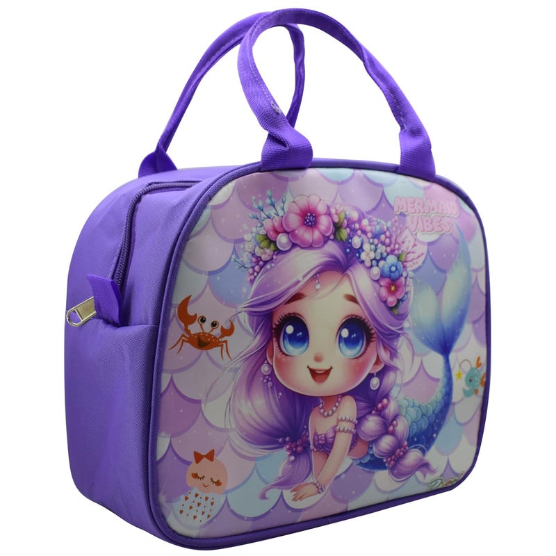 Asera حقيبة غداء معزولة للأطفال، حقيبة تيفين للمكتب/الكلية/المدرسة، خفيفة الوزن، مقابض متينة، جيوب متعددة (حورية البحر 6 قطع) - Image 3