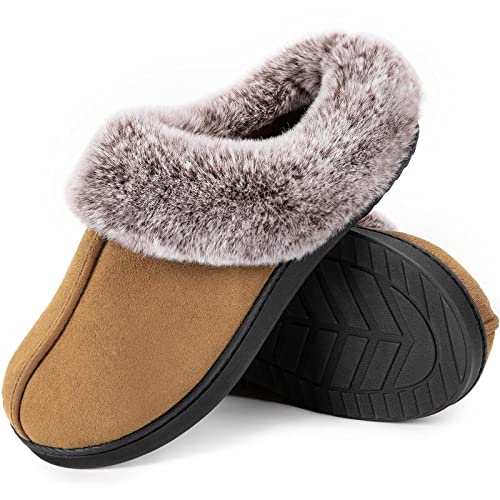 HomeTop Women's Classic Microsuede Memory Foam Slippers Durable Rubber Sole with Warm Faux Fur Collar (7-8 M, Classic Tan) - Image 1