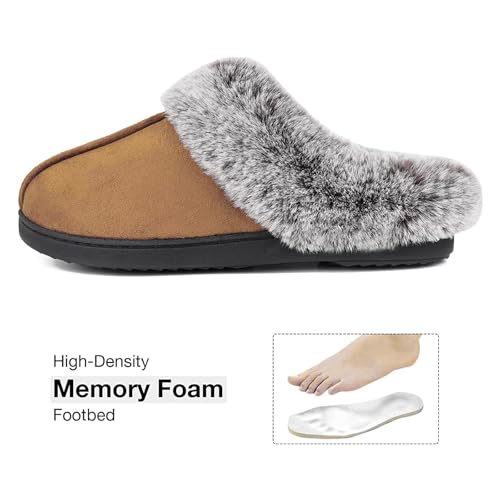 HomeTop Women's Classic Microsuede Memory Foam Slippers Durable Rubber Sole with Warm Faux Fur Collar (7-8 M, Classic Tan) - Image 4