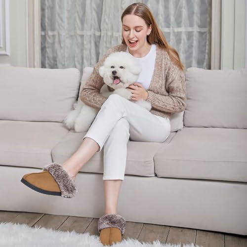 HomeTop Women's Classic Microsuede Memory Foam Slippers Durable Rubber Sole with Warm Faux Fur Collar (7-8 M, Classic Tan) - Image 2