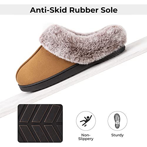 HomeTop Women's Classic Microsuede Memory Foam Slippers Durable Rubber Sole with Warm Faux Fur Collar (7-8 M, Classic Tan) - Image 3