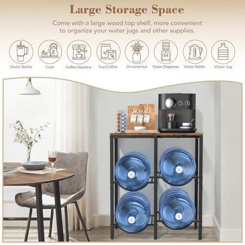 VINAEMO 5 Gallon Water Jug Holder, 3-Tier Water Jug Stand with Extended Wood Tabletop Shelf, 4 Slots 5 Gal Water Bottle Holder Storage Rack with Water Dispenser Stand for Home,Office,Garage Organizer - Image 2