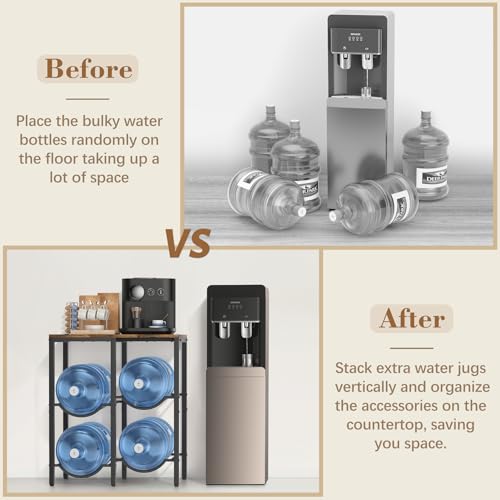 VINAEMO 5 Gallon Water Jug Holder, 3-Tier Water Jug Stand with Extended Wood Tabletop Shelf, 4 Slots 5 Gal Water Bottle Holder Storage Rack with Water Dispenser Stand for Home,Office,Garage Organizer - Image 5