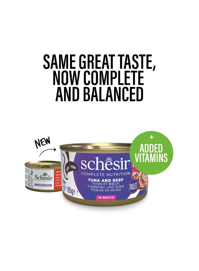 شيسر سلسلة شيسير للتغذية الكاملة والمتوازنة طعام رطب للقطط في مرق - تونة مع لحم البقر 6x85غ [6 علب] - Image 1