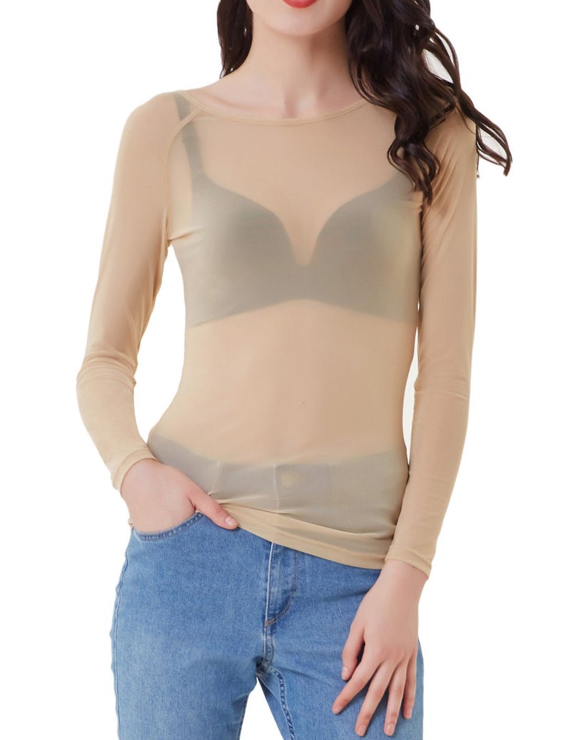 Kate Kasin Nude Mesh Top for Women, Long Sleeve Sheer Blouse, Basic Lightweight See Through Tops Nude M - Image 2