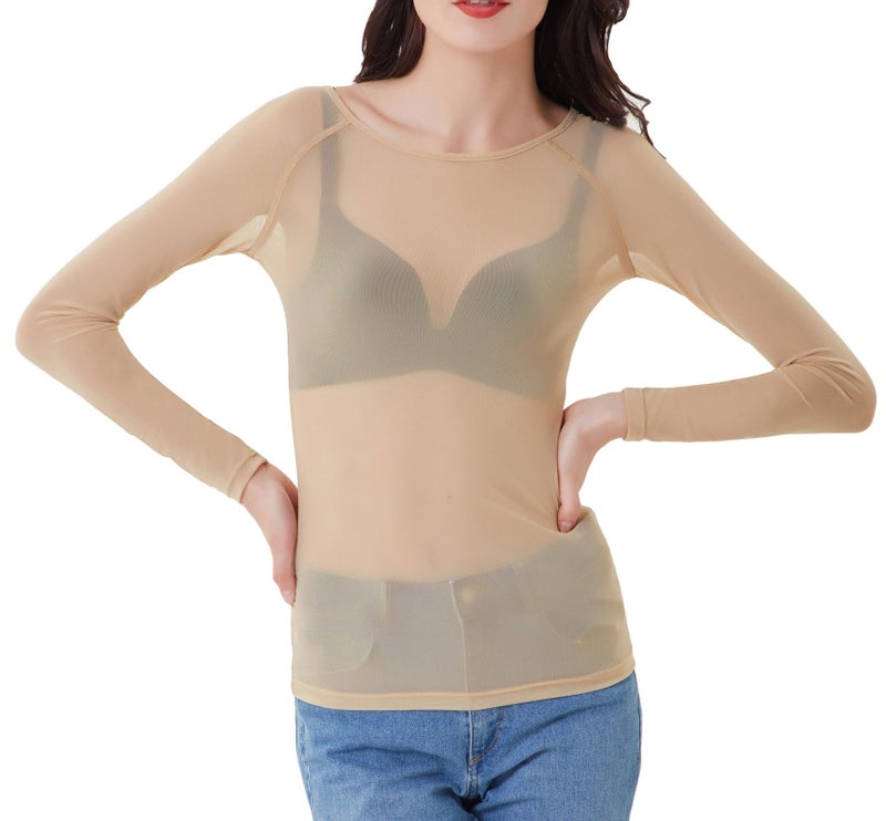 Kate Kasin Nude Mesh Top for Women, Long Sleeve Sheer Blouse, Basic Lightweight See Through Tops Nude M - Image 3