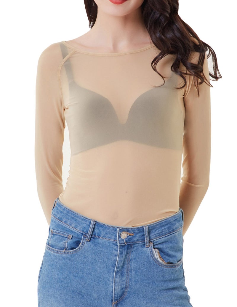 Kate Kasin Nude Mesh Top for Women, Long Sleeve Sheer Blouse, Basic Lightweight See Through Tops Nude M - Image 4