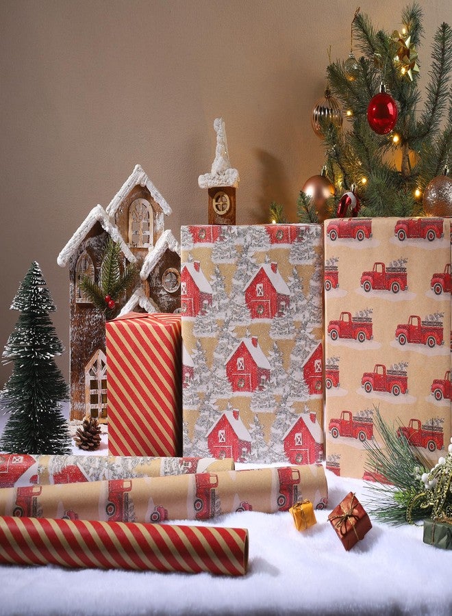 BIOBROWN Kraft Christmas Wrapping Paper Rolls - Vintage Trucks/Wooden House/Stripes Design for Holiday, Party, Congrats - 17" x10' Per Roll (3 Rolls, 42 sq.ft. ttl. - Image 3