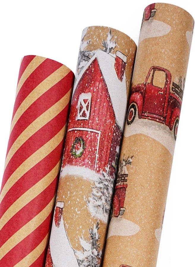 BIOBROWN Kraft Christmas Wrapping Paper Rolls - Vintage Trucks/Wooden House/Stripes Design for Holiday, Party, Congrats - 17" x10' Per Roll (3 Rolls, 42 sq.ft. ttl. - Image 1