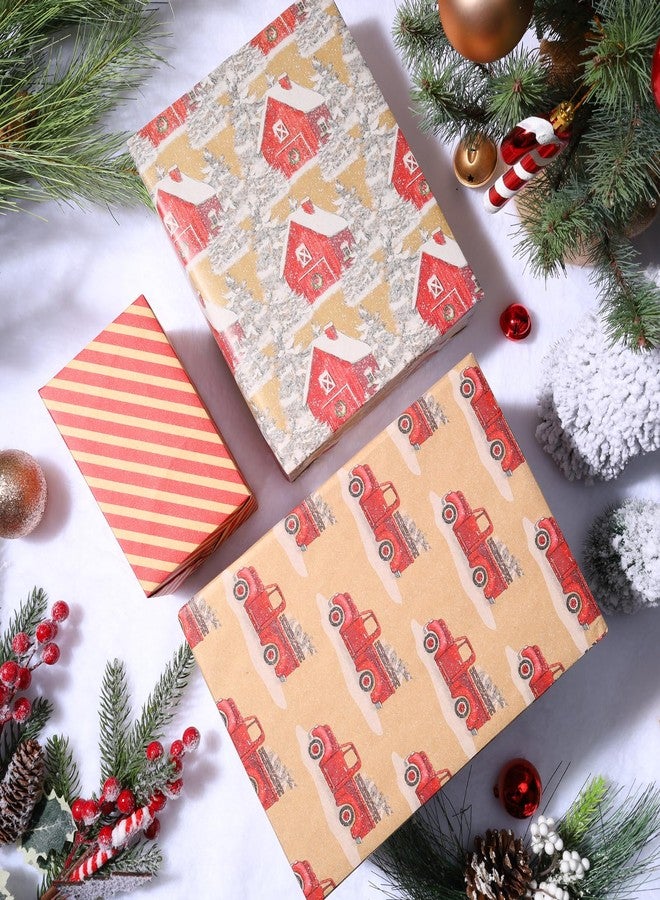 BIOBROWN Kraft Christmas Wrapping Paper Rolls - Vintage Trucks/Wooden House/Stripes Design for Holiday, Party, Congrats - 17" x10' Per Roll (3 Rolls, 42 sq.ft. ttl. - Image 4