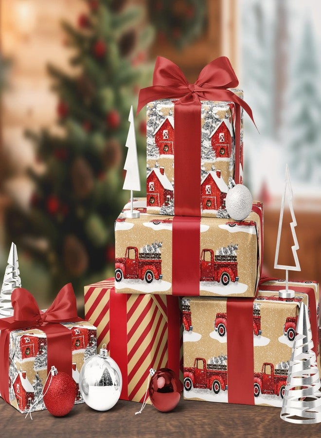 BIOBROWN Kraft Christmas Wrapping Paper Rolls - Vintage Trucks/Wooden House/Stripes Design for Holiday, Party, Congrats - 17" x10' Per Roll (3 Rolls, 42 sq.ft. ttl. - Image 5