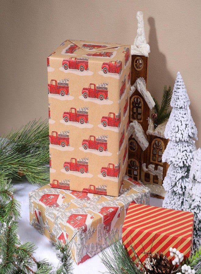 BIOBROWN Kraft Christmas Wrapping Paper Rolls - Vintage Trucks/Wooden House/Stripes Design for Holiday, Party, Congrats - 17" x10' Per Roll (3 Rolls, 42 sq.ft. ttl. - Image 2