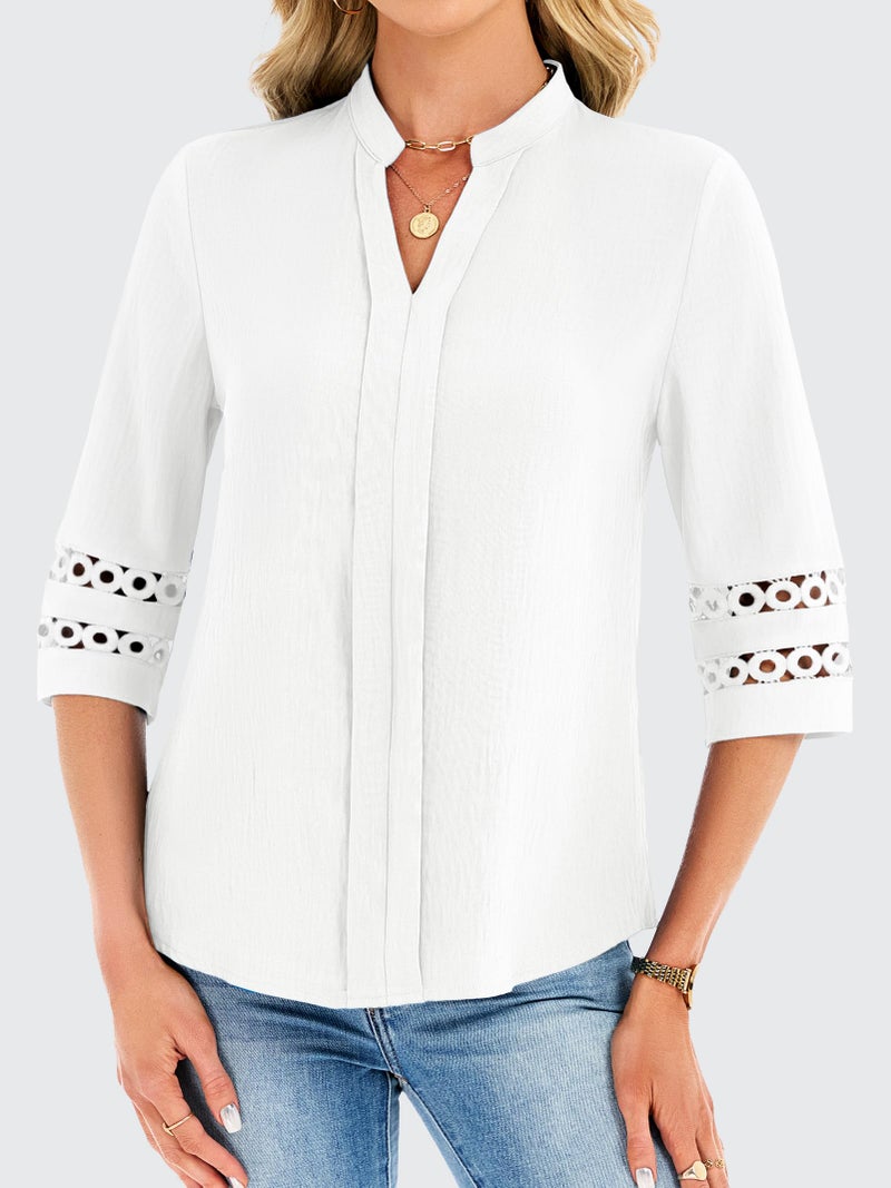 Funlingo 3/4 Length Sleeve Womens Tops V Neck Dressy Casual Blouses Lace Tunic Pleated Work Shirts Business Casual Outfits 2026 White M - Image 2