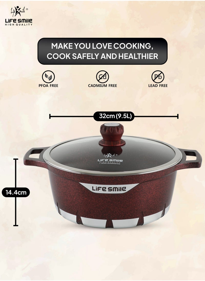 Life Smile 32cm (9.5 Liters) Granite Coated Aluminum Soup & Stock Pot With Tempered Glass Lid - Heat Resisant Handles - PFOA Free Oven Safe - 5 Layer Non-Stick ECAS Approved Coating - Dishwasher Safe  - Image 2